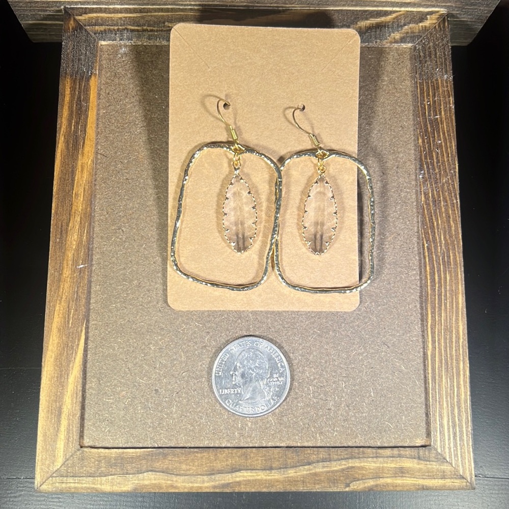 Hammered gold rectangle hoops with clear crystal pendant